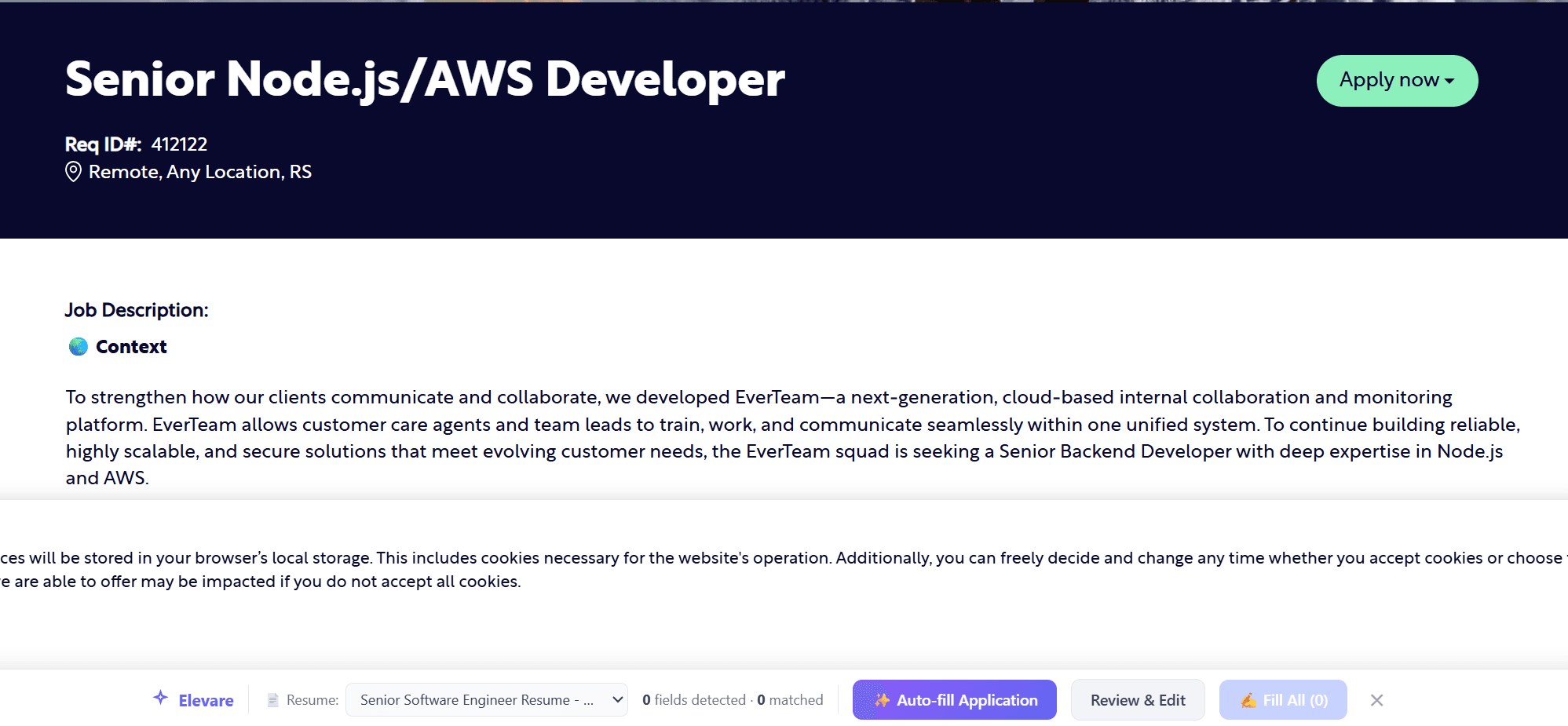 Elevare browser extension autofill bar overlaid on a live job application page.
