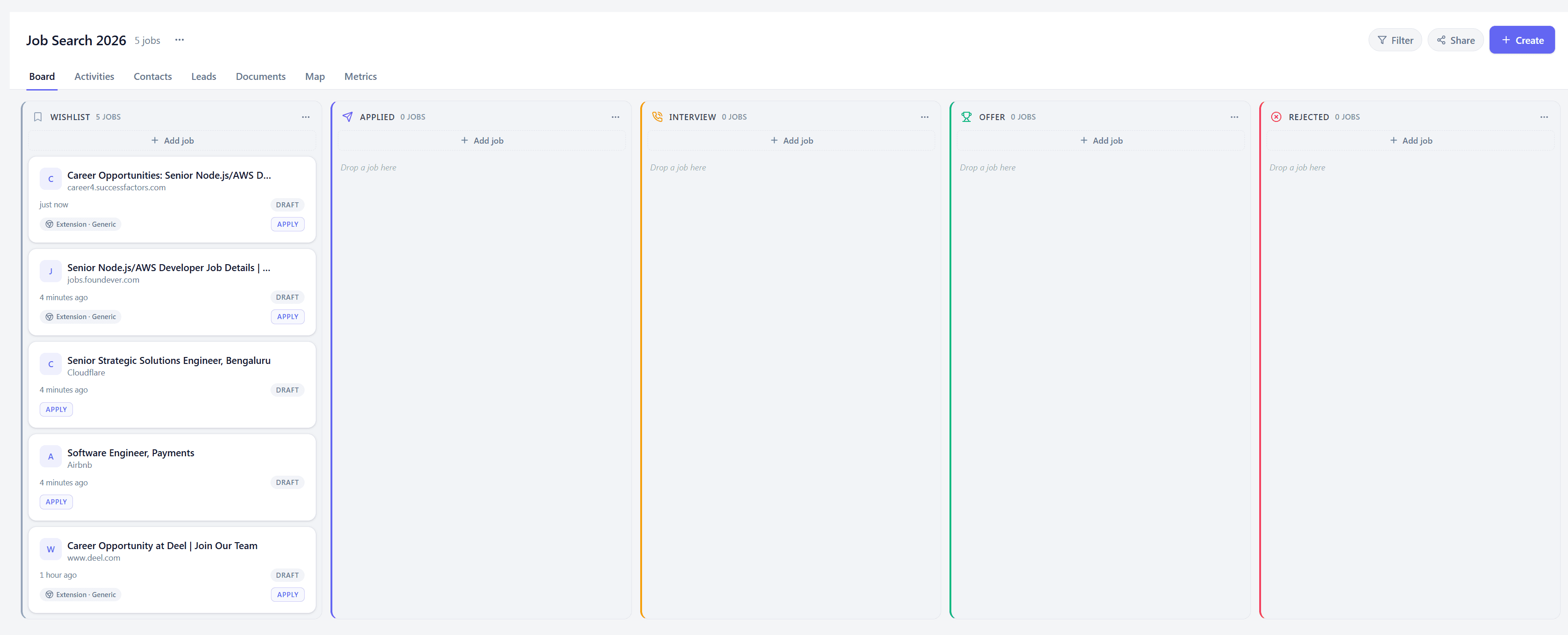 Elevare job tracker board with wishlist, applied, interview, offer, and rejected columns.