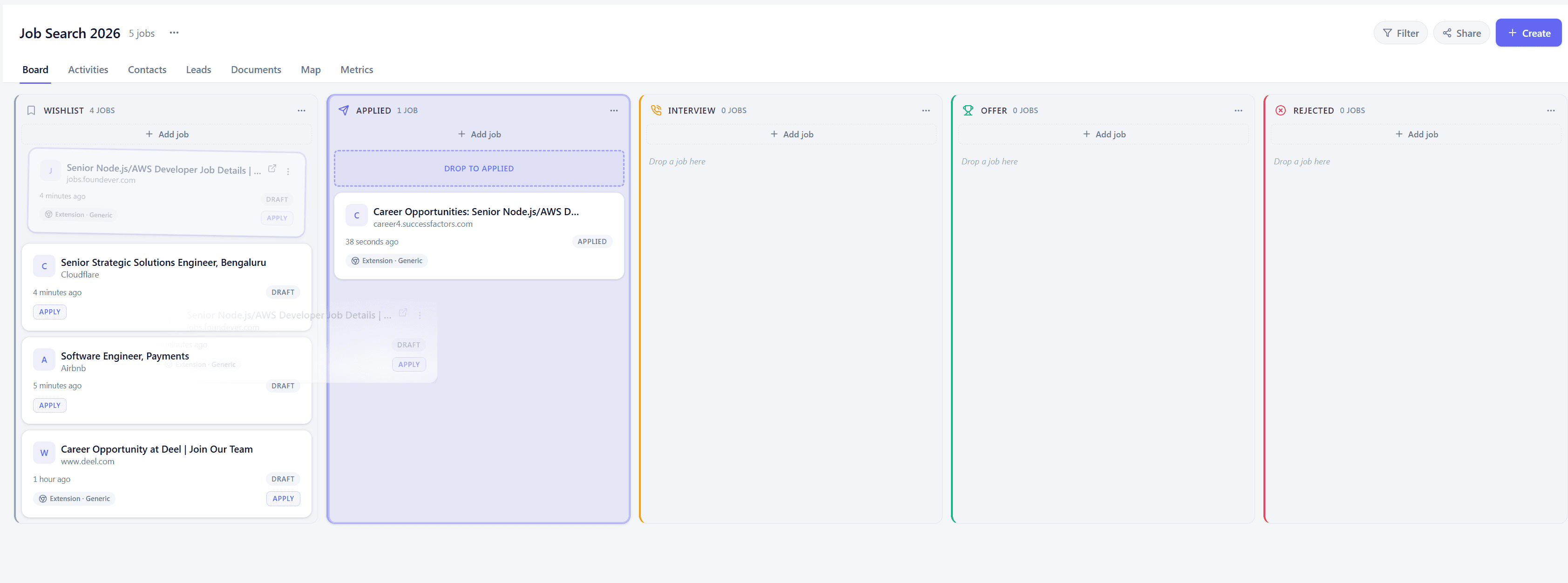 Dragging a job card from wishlist into the applied column on the Elevare board.